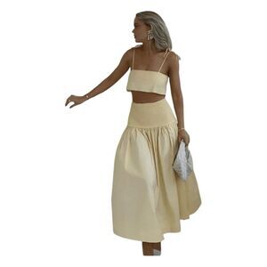 Commense Shirred Waist Split Thigh Skirt Set Yellow Poplin Knit Crop Top XS